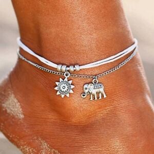 Elephant Silver White Layered Anklet Chain Rope Beads Star Charms Ankle Bracelet